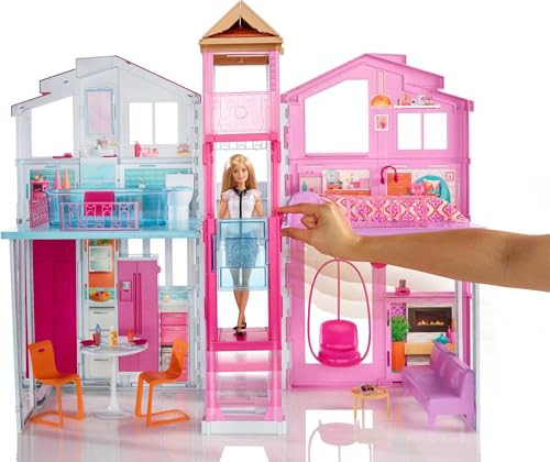 Barbie 3-Story Townhouse Dollhouse with Elevator Swing Chair Furniture and Accessories Fold for Portability and Travel ( Exclusive)