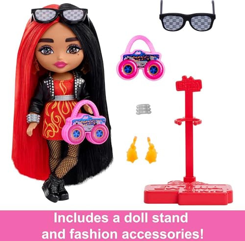 Barbie Extra Minis Doll & Accessories with Red & Black Hair Wearing Flame-Print Dress & Moto Jacket 5.5-inch