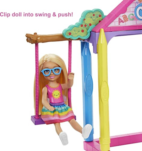 Barbie Club Chelsea School Playset with Blonde Small Doll & Classroom Accessories Flipping Blackboard Cafeteria Desks & More