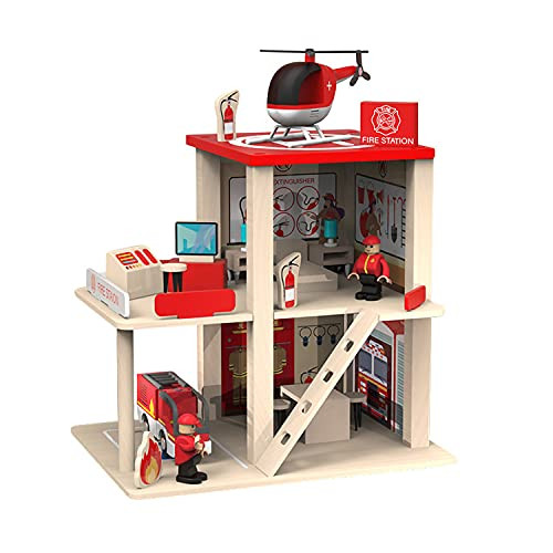 Wooden Fire Station Playset Multicolor 3-Level Pretend Play Dollhouse with Figures Truck Helicopter and Accessories Preschool Learning Educational Toys for Toddlers Kids Age 3 and up