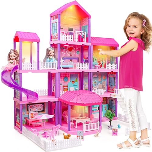 beefunni Doll House Dream Dollhouse for GirlsDoll Houses 4-5 7-8 Year Old with 4 Stories -11 Rooms 2 Dolls and Furniture Princess Dollhouse Christmas Toy s for 3 4 5 6 7 8+ Year Old Girls