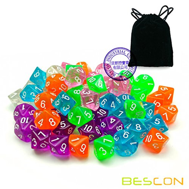 BESCON DICE 60pcs Assorted Colored Translucent D10 (1-10) Pack 6X10pcs 10 Sides Dice Transparent Polyhedral Dice D10 Set in Black Velvet Pouch