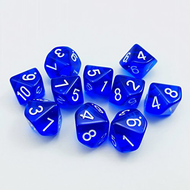 BESCON DICE Polyhedral 10 Sides Dice with Number 1-10 Blue Transparent 10 Sided Dice 10 Sides Cube 1-10 10pcs Set