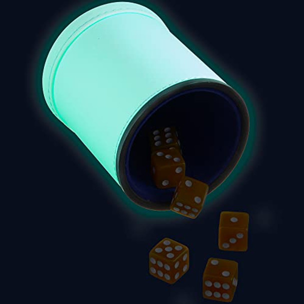 Brybelly Glow in the Dark Dice Cup - Includes Six Non-Glow Dice - Superior Bicast Leather Exterior Felt-Lined Interior - For Standard Polyhedral or Microdice - Family Game Nights Blacklight Parties (Single)
