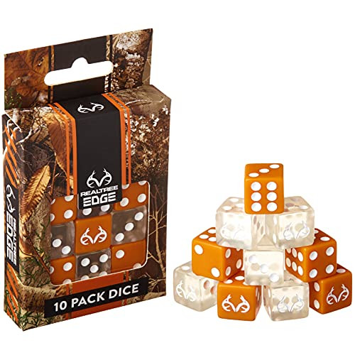 Brybelly Realtree Edge Dice Set - 10 Pack of Orange & Clear Game Pieces - Six-Sided Dice Board Gaming Accessories - Cool Outdoors Themed Stuff for Father's Day Family Game Night Dice Rollers