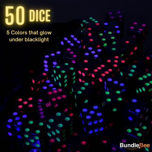 BundleBee Neon Blackout Dice - 50 Dice Set - 5 Colors - Included Drawstring Storage Bag - 16mm Six-Sided Square Dice for Replacement Gaming Supplies for Board Games Family Game Night Kids STEM Math Teaching