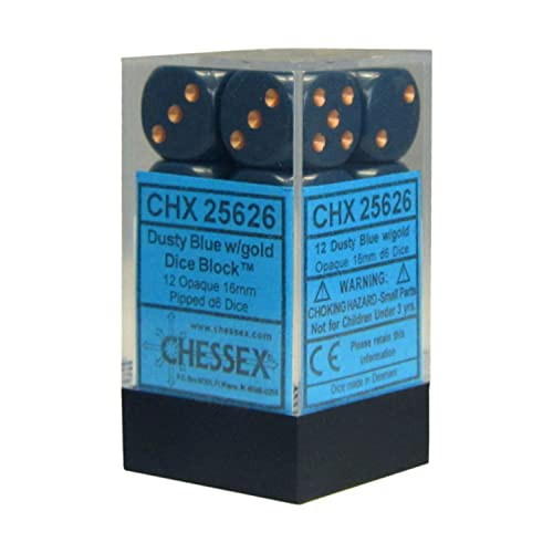 Chessex DND Dice Set D&D Dice-16mm Opaque Dusty Blue and Gold Plastic Polyhedral Dice Set-Dungeons and Dragons Dice Includes 12 Dice – D6 (CHX25626)