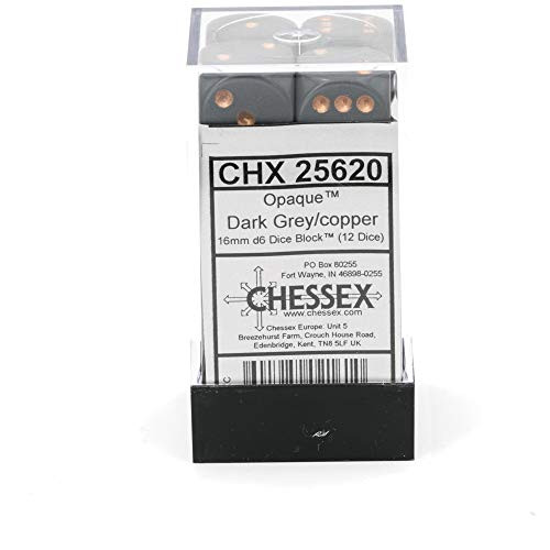 Chessex Manufacturing 16mm Opaque Dark Grey and Copper Plastic Polyhedral Dice Set-Dungeons and Dragons Dice Includes 12 Dice – D6 (CHX25620)