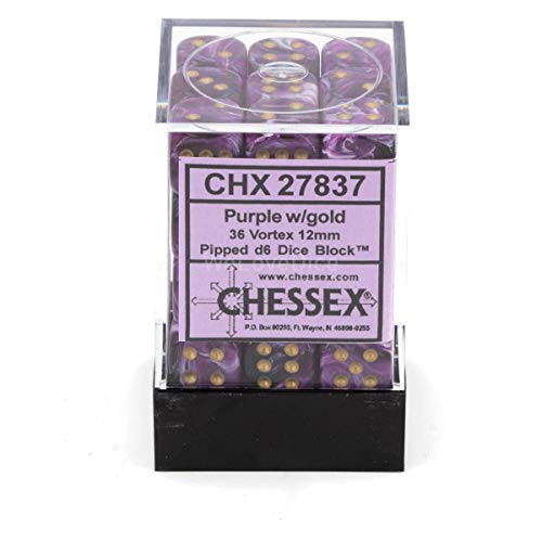 Chessex DND Dice Set-Chessex D&D Dice-12mm Vortex Purple and Gold Plastic Polyhedral Dice Set-Dungeons and Dragons Dice Includes 36 Dice – D6 Various (CHX27837)