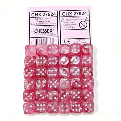 Chessex DND Dice Set-Chessex D&D Dice-12mm Ghostly Glow Pink and Silver Polyhedral Dice Set-Dungeons and Dragons Dice Includes 36 Dice – D6 (CHX27924)
