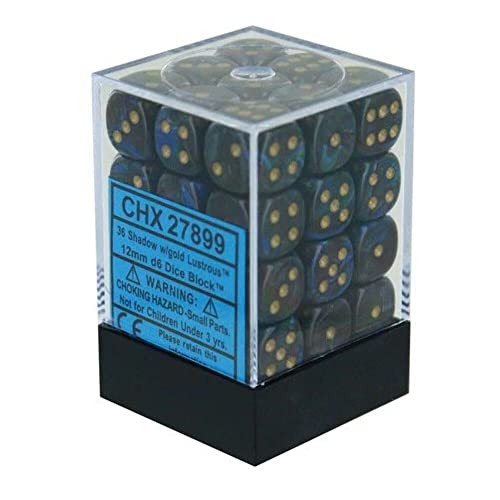 Chessex DND Dice Set-Chessex D&D Dice-12mm Lustrous Shadow and Gold Plastic Polyhedral Dice Set-Dungeons and Dragons Dice Includes 36 Dice – D6 (CHX27899)