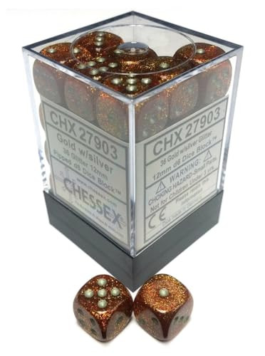 Chessex DND Dice Set D&D Dice-12mm Glitter Gold and Silver Plastic Polyhedral Dice Set-Dungeons and Dragons Dice Includes 36 Dice – D6 Various (CHX27903) Small (10mm - 14mm)