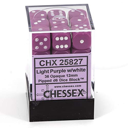 Chessex DND Dice Set-Chessex D&D Dice-12mm Opaque Light Purple and White Plastic Polyhedral Dice Set-Dungeons and Dragons Dice Includes 36 Dice – D6