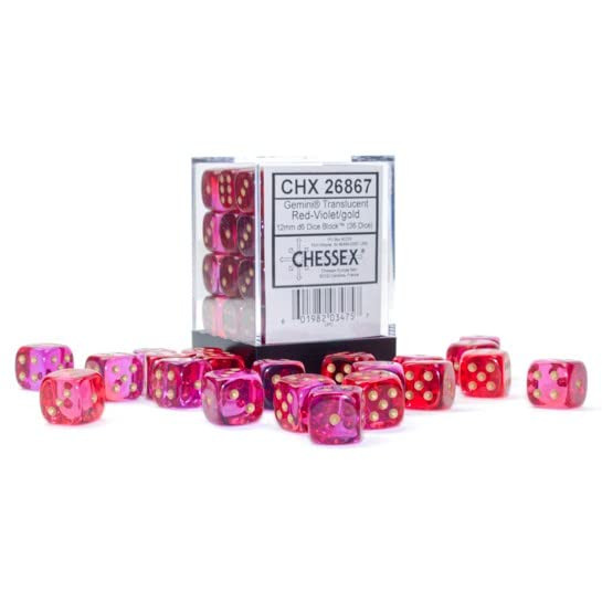 Chessex Dice Set – 12mm Gemini: Translucent Red-Violet/Gold Dice Block – Dungeons and Dragons D&D DND TTRPG Dice – Includes 36 Dice – D6