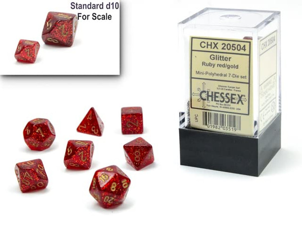 Chessex Dice Set – 10mm Glitter Red/Gold Polyhedral Dice Set – Dungeons and Dragons D&D DND TTRPG Dice – Includes 7 Dice - D4 D6 D8 D10 D12 D20 D% (CHX20504)