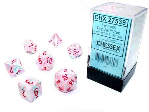 Chessex DND Dice Set - Chessex D&D Dice-16mm Festive: Pop Art & Red Limited Edition Plastic Polyhedral Dice Set-Dungeons and Dragons Dice Includes 7 Dice - D4 D6 D8 D10 D12 D20 D% Pink (CHX27539)