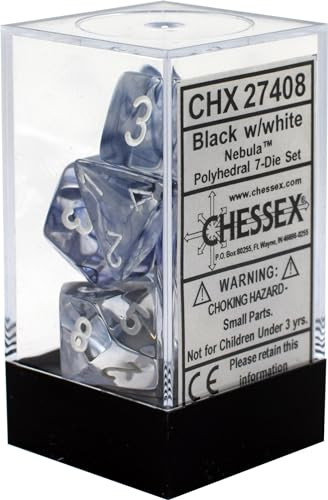 Chessex DND Dice Set-Chessex D&D Dice-16mm Nebula Black and White Plastic Polyhedral Dice Set-Dungeons and Dragons Dice ludes 7 Dice - D4 D6 D8 D10 D12 D20 D% Various Regular (CHX27408)