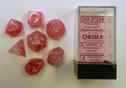 Chessex CHX27524 Dice-Ghostly Glow 7Pc Set Pink/Silver Large (18mm - 25mm)