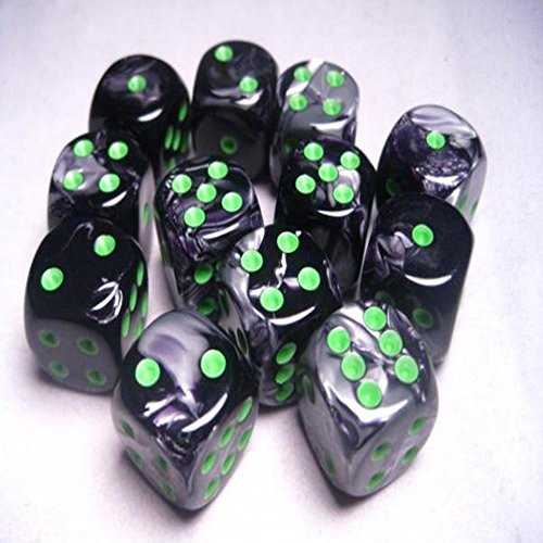 Chessex Dice D6 Sets: Gemini Black/Grey/Gray with Green - 16Mm Six Sided Die (12) Block of Dice Multicolor