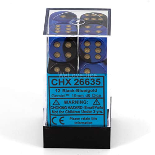 Chessex Dice D6 Sets: Gemini Black & Blue with Gold - 16Mm Six Sided Die (12) Block of Dice Multicolor
