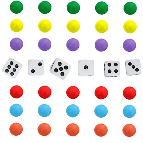COMSREV Large Size18MM 30 Wahoo Board Game Replacement Marbles 5 Each of 6 Colors 6 Dice and a Play Bag for Wahoo Board Game