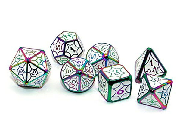 CREEBUY Polyhedral DND Dice White Alloy Dice with Colorful Dice Border for Dungeon and Dragons Pathfinder Role Playing Dice Petal Pattern Game Dice Set