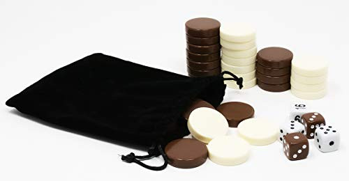 DA VINCI 1.25 Inch Brown and Ivory Game Chips Replacement Backgammon Pieces with 5 Dice and Cloth Storage Bag
