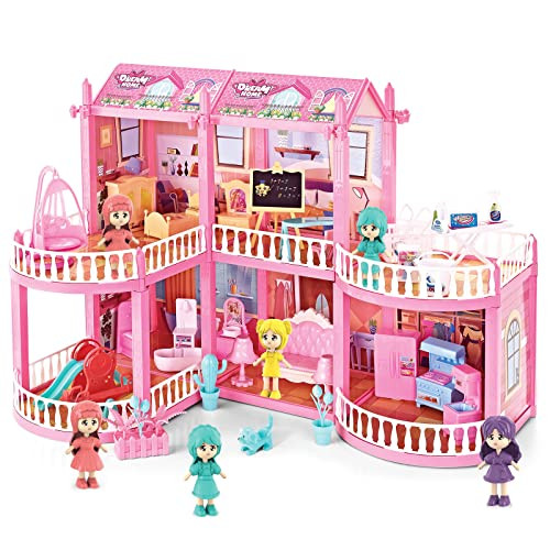 deAO Princess Dollhouse 2-Story 6 Rooms - DIY Play House Kit with 6 Dolls & Furniture for Girls Ages 4-7+