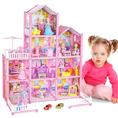 deAO Doll House for Girls 4-Story Dollhouse with 10 Rooms 2 Dolls Furniture and Accessories Toddler Playhouse for 3 4 5 6 7 8+ Year Old Girls