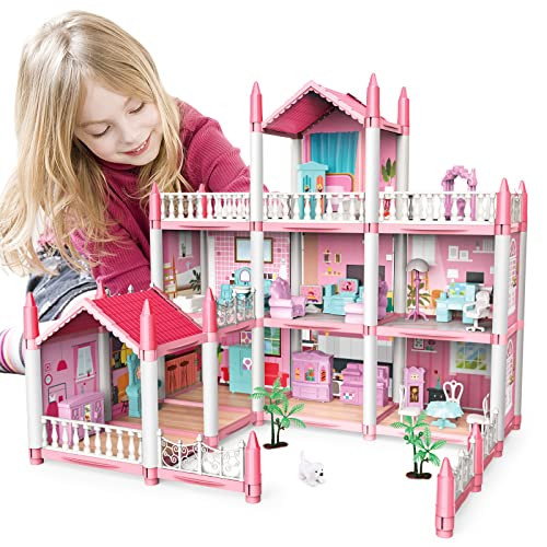 deAO Doll House Dollhouse - 3 Story 9 Rooms Pink DIY Pretend Play Building Playset Dollhouse Asseccories and Furniture for 6 7 8 9 Girls Toddler