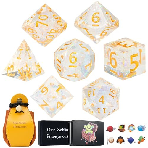 Dice Goblin Anonymous DND Dice Set 7pcs Sharp Edge Resin Polyhedral Dice for Dungeons & Dragons Bundled with Dice Pouch/Tray and Stickers (Celestial Gleam)