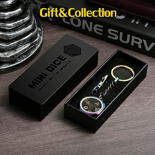 DNDND Mini Metal DND DiceDNDND 6mm Tiny Metallic Dice Set with Kyechain and Stainless Steel Case and Gorgeous Dice Box for Dungeons and Dragon D&D Game (Brass with Rainbow Case)