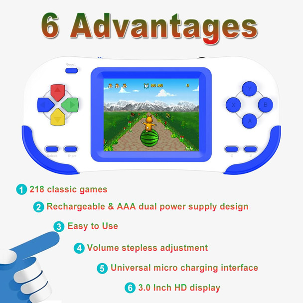 Douddy Retro Handheld Game Console for Kids 4-12 with Build in 218 Puzzle Leisure Video Games Rechargeable 3.0'' Screen Electronics Gaming Player Toys Birthday for Boys Girls (Blue)