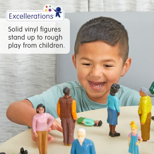Excellerations Educational Multicultural Pretend Play Figurine Family Dolls Set of 4 Different ethnicities 28 Pieces Total for Block Play