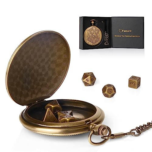 Famard 10mm Tiny DND Dice Set with Vintage Pocket Watch Shell Case Polyhedral Metal D&D Dice Set for Dungeons and Dragons RPG MTG GameRole Playing Board Games