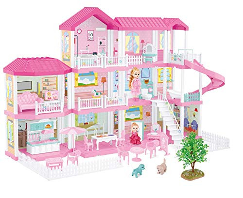 FIXSON Dollhouse Dream House with Furniture Accessories DIY Pretend Play Doll House for Girls 34567 Year Old (7 Rooms)