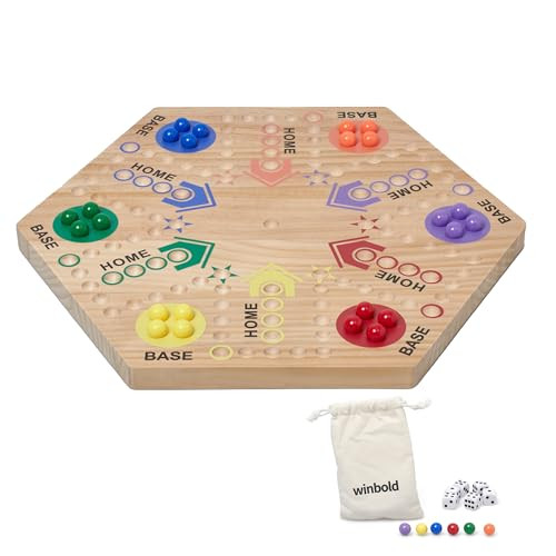 Flybold Wooden Marble Board Game Set for Adults and Kids - 6-Player Classic Strategy Game with Dice and Storage Bag - Durable Wooden Game Board for Family Fun Indoor Parties Picnics and BBQ Events