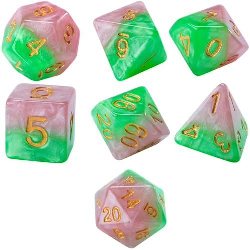 Gate Keeper Games and Dice: Halfsies Dice: Rose Dice - 7pc Set Rose Petal Pink & Thorn Green Pearlescent Swirl 7 Resin Dice for Role Playing Games