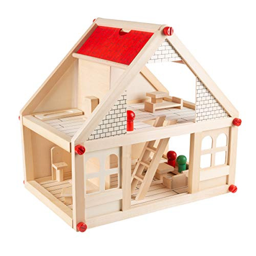 HEY PLAY Dollhouse for Kids – Classic Pretend Play 2 Story Wood Playset with Furniture Accessories and Dolls for Toddlers Boys and Girls