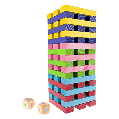 HEY PLAY Nontraditional Giant Wooden Blocks Tower Stacking Game with Dice Outdoor Yard Game for Adults Kids Boys and Girls (Rainbow Color)