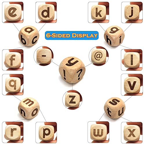 Hometu 5Pcs/Set 20MM Wooden Letter Dice Set 6-Sided English Letter Pattern Engraved Wood Rolling Dices with Linen Bag Yellow