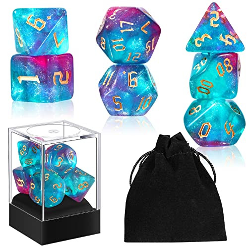 Junkin D20 Dice Set Dice Resin Translucent Colors Polyhedral Dice with Dice Box and Organza Bag Giant D4 D6 D8 D10 D12 D20 Dice Set for Role Play Games and Table Games