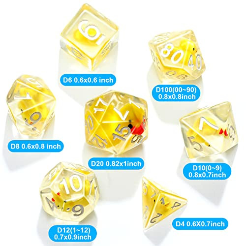 Kathfly 14 Die Rubber Ducks Dice Resin Polyhedral Dice Set Filled with Animal Ice Cool Rubber Ducks Translucent Cute Playing Toy with 2 Black Pouches for Board Game Green Yellow