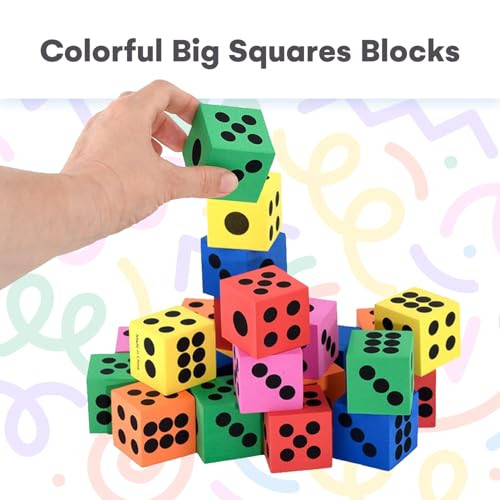 Kicko Foam Dice Set - 6 Assorted Large Sided Dice - Colorful Big Square Blocks - Ideal for Children - Math Educational Toys - Suitable Pastime Toy Party Favors and Party Supplies (24 Pack)