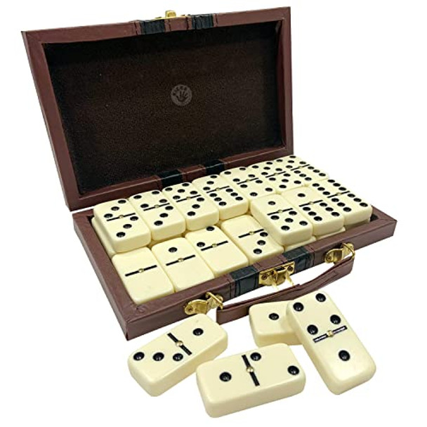 Kicko Domino Set - 28 Pieces Double Six Classic Dominoes in Durable Wooden Brown Box - Fun Mini Board Game for 2-4 Players - Ideal for Boys Girls Adults - Family Game Night and Vintage Party Games