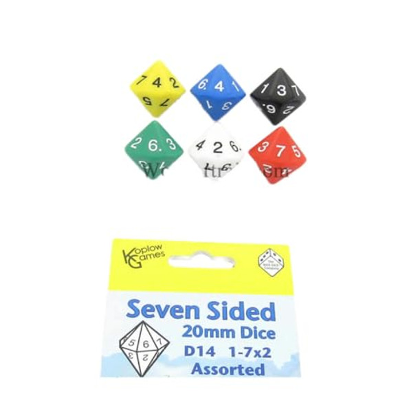 Koplow Games Assorted Color Dice D14 with Colored Numbers 1-7 Twice 20mm Pack of 6 Koplow Games