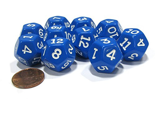 Koplow Games Set of 10 D12 12-Sided 18mm Opaque RPG Dice - Blue with White Numbers