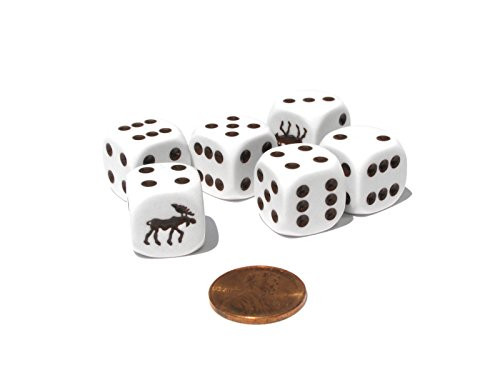 Koplow Games Set of 6 Moose 16mm D6 Round Edged Koplow Animal Dice - White with Brown Pips