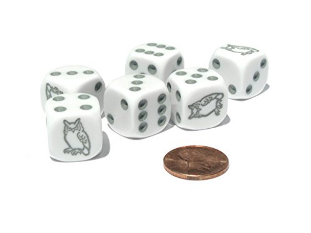 Koplow Games Set of 6 Owl 16mm D6 Round Edged Koplow Animal Dice - White with Gray Pips