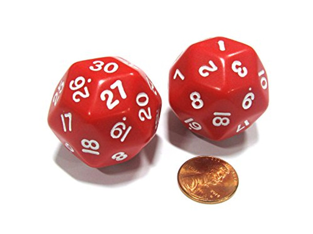 Koplow Games Set of 2 Triantakohedron D30 30 Sided 33mm Jumbo Dice - Red w White Numbers
